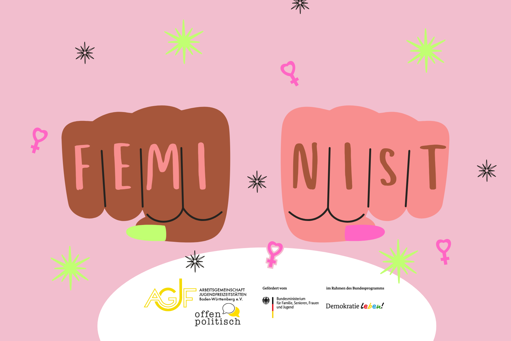 Fäuste mit langen Nägeln und Nagellack; auf den Fingern steht "FEMINIST"